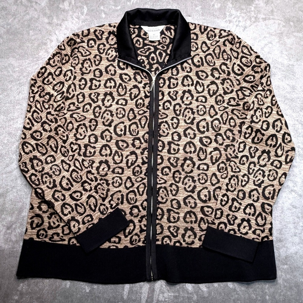 Exclusively Misook Zip Up Jacket Cardigan Womens XL Tan Black Leopard Print Knit